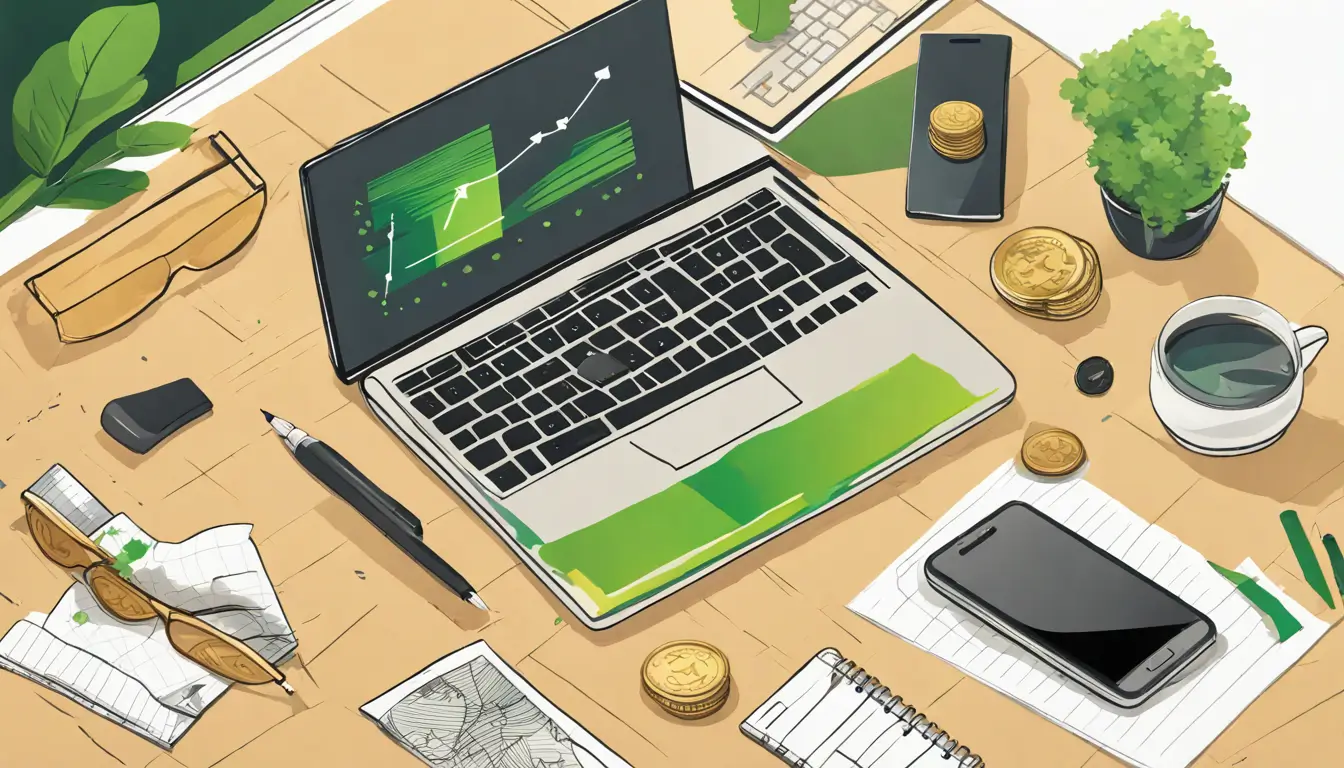 Escritório minimalista com laptop exibindo gráficos financeiros, smartphone, bloco de notas, caneta e moedas verdes e douradas, representando a gestão financeira simplificada pelo inSySti.